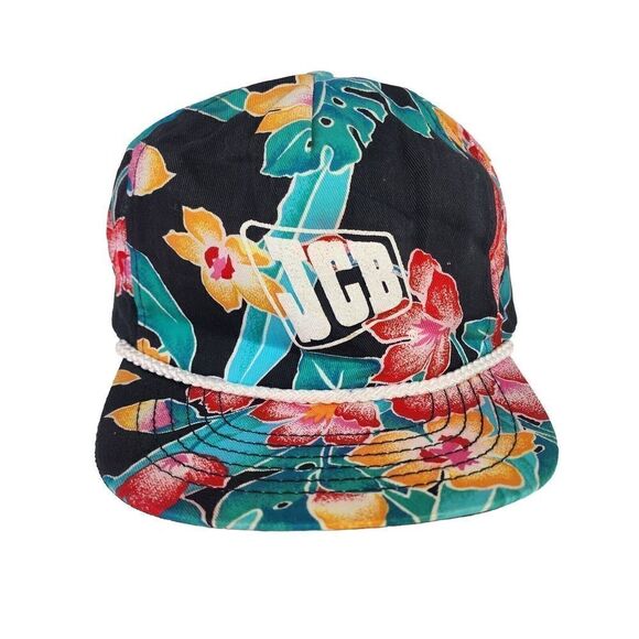 VTG Deadstock Trucker Hat Cap San Sun JCB Logo HAWAIIAN SNAPBACK 80s Floral Hats - Picture 1 of 11